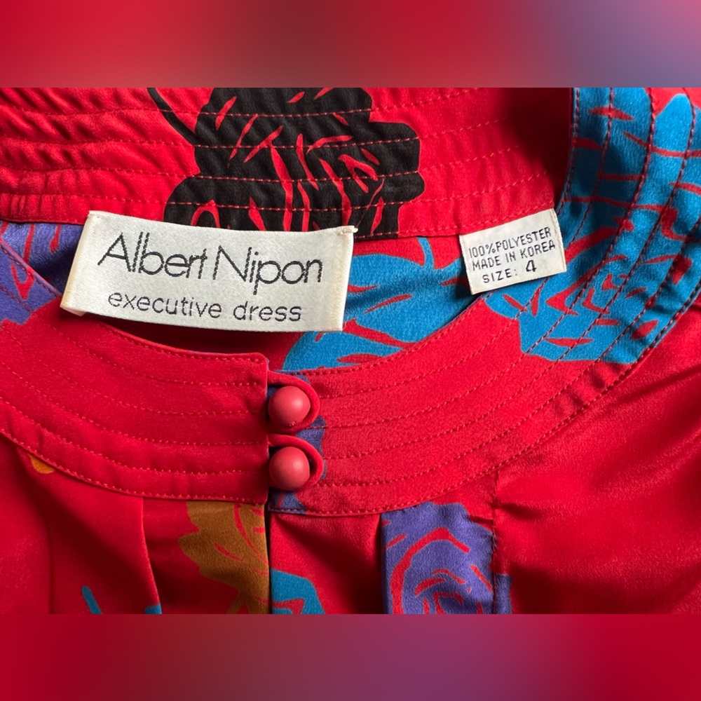 VINTAGE 1980s Albert Nipon Red Dress with Multicolor Floral Pattern Size 4 Korea - Picture 10 of 13